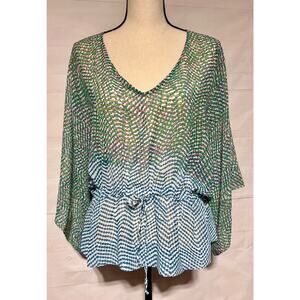 CAbi sz S blue green sheer v neck dolman sleeve drawstring waist blouse top